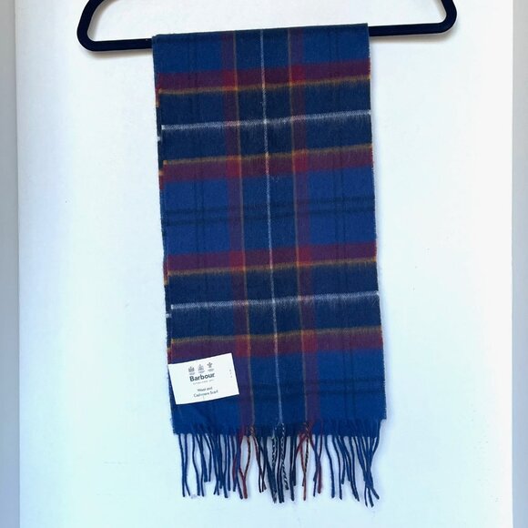Barbour Tartan Plaid Wool Cashmere Scarf Blue Red Long Fringed Classic Unisex - Picture 3 of 5